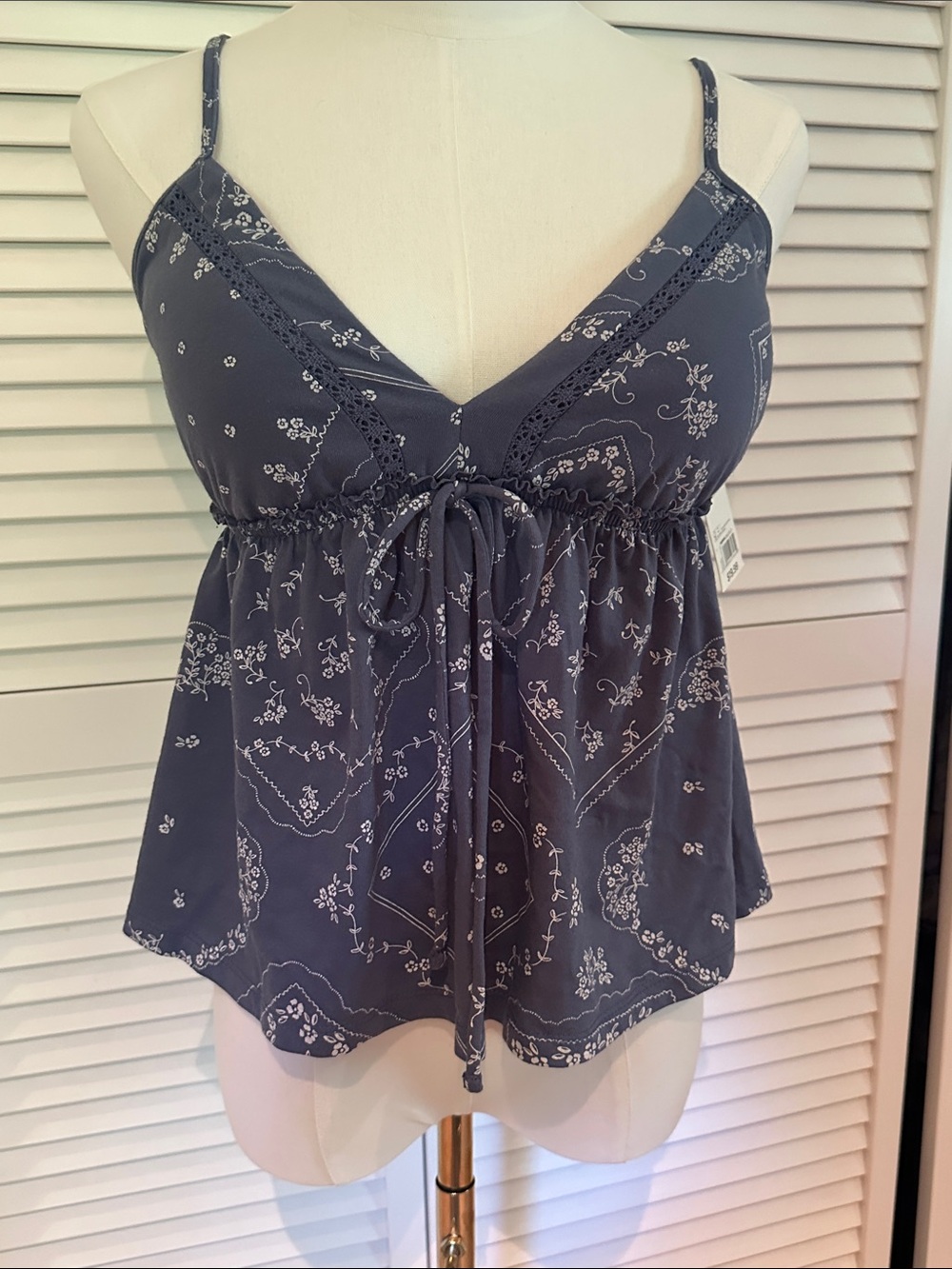 Women’s Navy Floral Tie-Front Spaghetti Strap Top